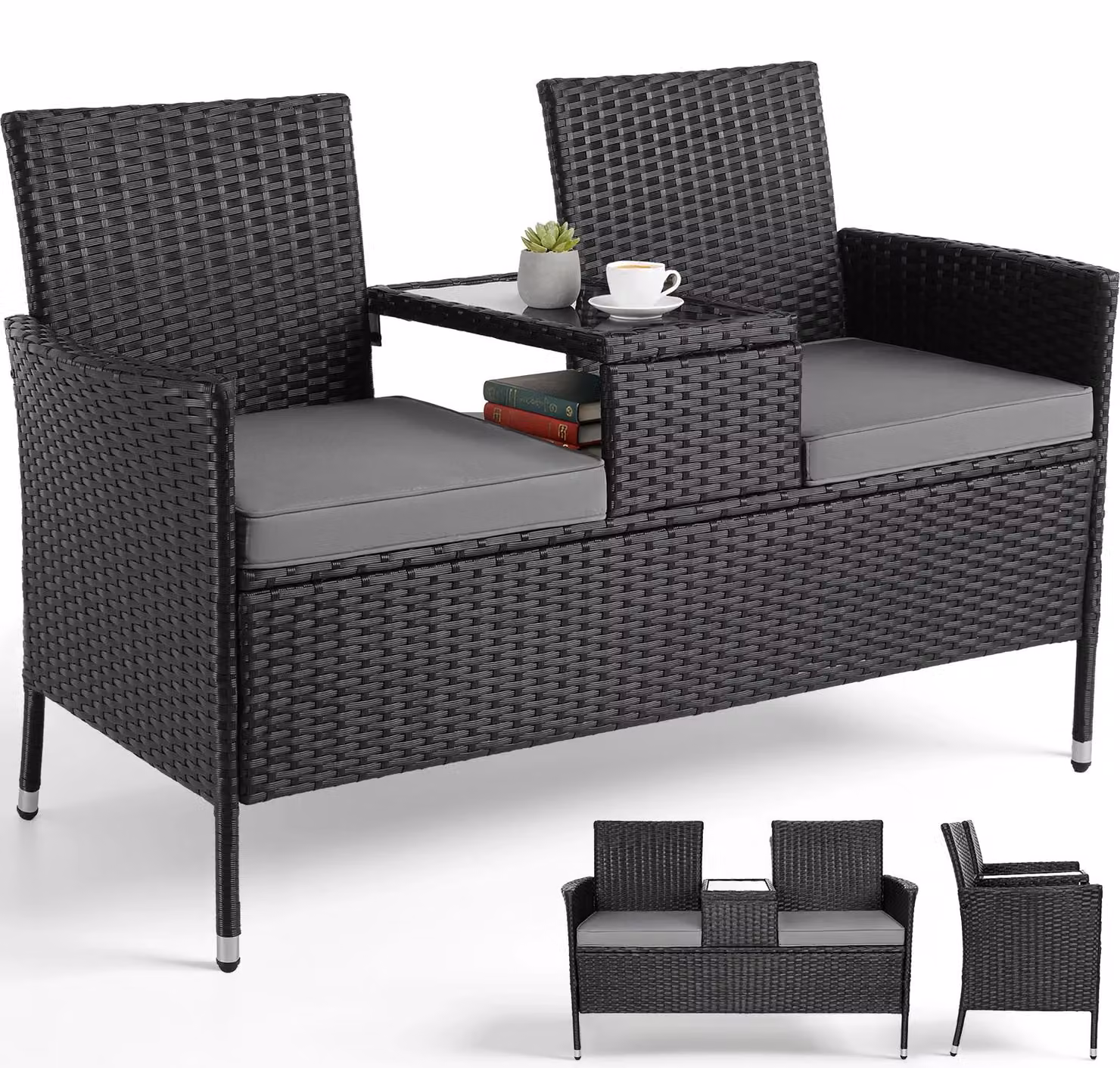 Set di mobili da giardino in rattan - Set da balcone per 2 persone - Tavolo integrato - Con cuscini per seduta - Struttura in metallo resistente agli agenti atmosferici - Portata massima di 200 kg - Colore: nero