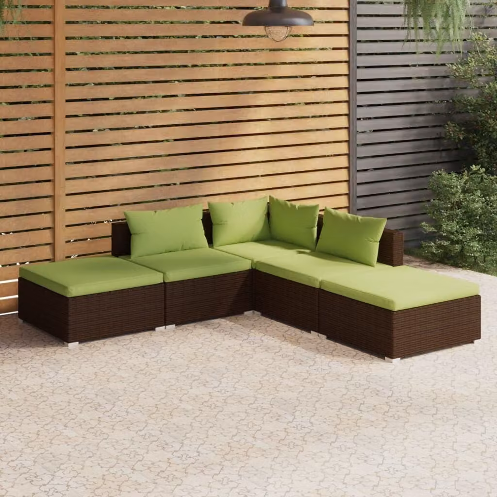 The Living Store Set da giardino 5 pezzi con cuscini in poly rattan marrone