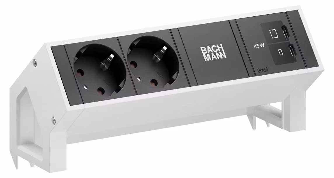 Scrivania BACHMANN DESK2, 2 prese CEE7/3, 1 porta USB-C con alimentazione da 45W, lunghezza 0,2 metri, colore RAL9010