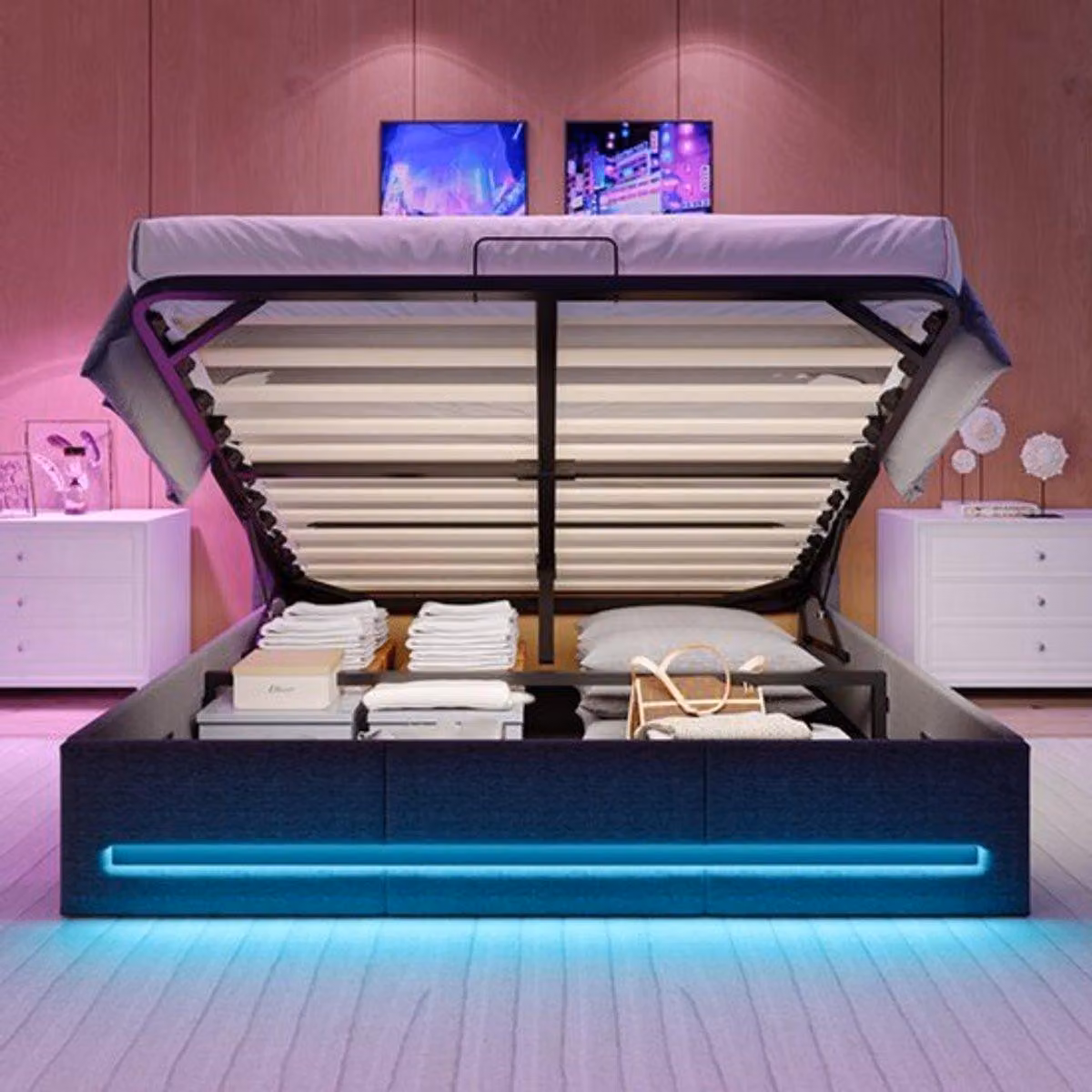 Letto matrimoniale imbottito 140/160x200 cm con contenitore e testiera LED con prese USB