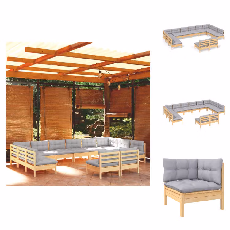 vidaXL Set di 12 pezzi da giardino con cuscini grigi in pino massiccio - Set di mobili da giardino