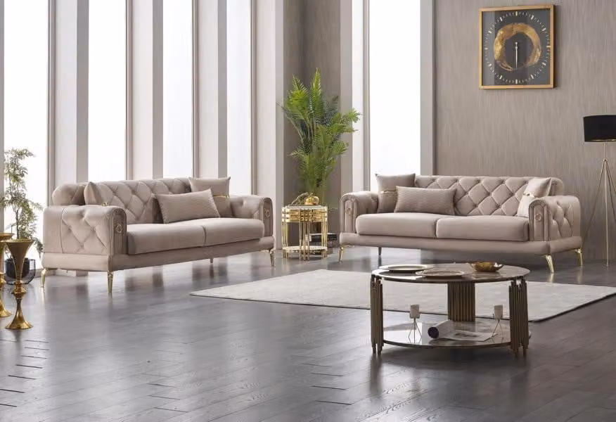 Gruppe Polstersofa Stoffsofa Couch Dreisitzer Sofa 3 Sitzer Beige 2tlg