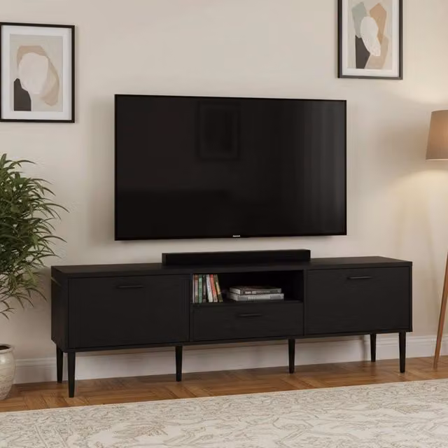 Mobile porta TV Anselme DMORA, Credenza moderna per soggiorno in legno nero opaco, L: 177,2 cm, P: 39,8 cm, H: 56,8 cm – 1