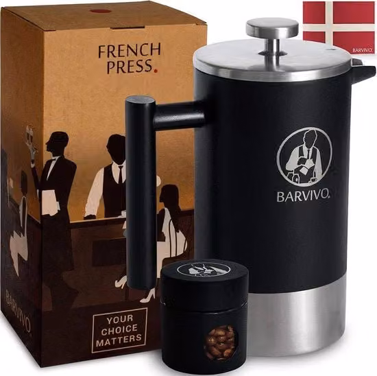 Barvivo French Press in Acciaio Inossidabile Nera con Bicchiere da Viaggio Pieghevole, Capacità 1 l