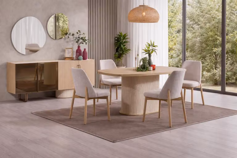 Set da pranzo moderno composto da tavolo da pranzo e 4 sedie imbottite in bouclé