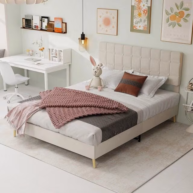 Letto Matrimoniale Imbottito ¨C MINIMAL ¨C Tessuto Beige 160x200