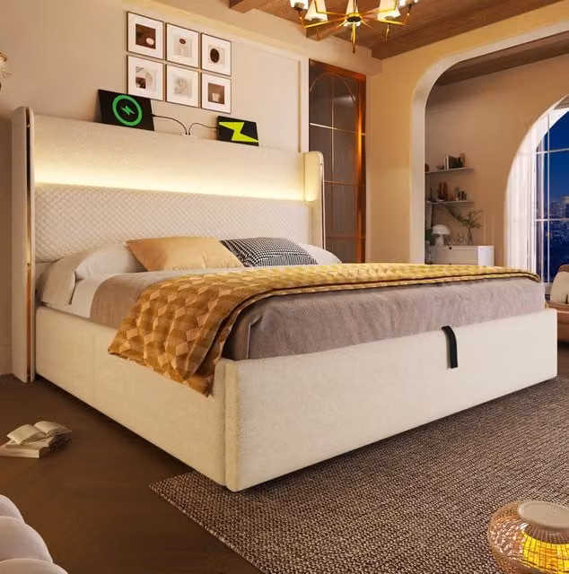 Letto matrimoniale MODFU beige in lino con contenitore idraulico, testiera alta, illuminazione LED e porte USB e Type-C, L/P: 160 x 200 cm – 1