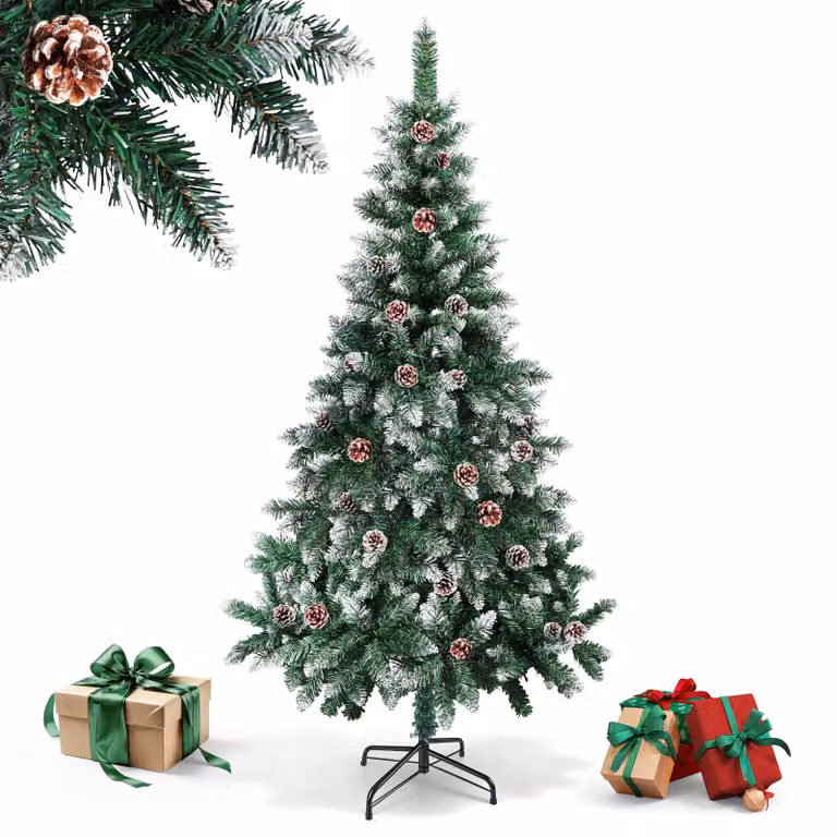 Albero di Natale artificiale Ikodm, altezza 180 cm, con 500 punte in PVC, abete con supporto, albero di Natale artificiale con pigne e decorazioni effetto neve, colore verde