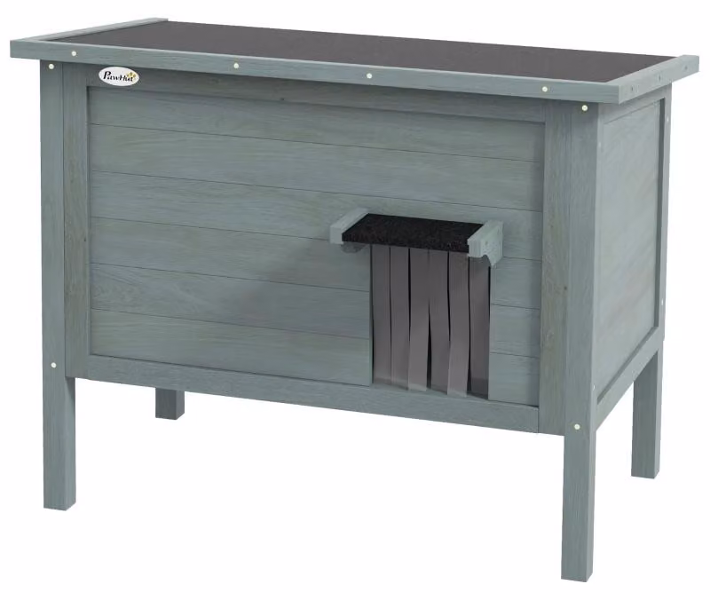 Moonbite, casetta per gatti da esterno, dimensioni 85 x 50 x 68,5 cm, con isolamento, realizzata in legno massello, con tetto apribile, porta con tenda, colore grigio scuro