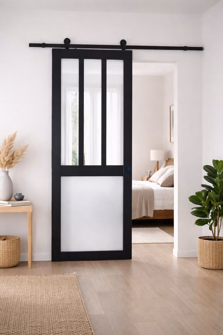 Porta scorrevole da officina nera, con vetro bianco H204 x L83 cm, binario con rotelle, gusci neri per GD MENUISERIES