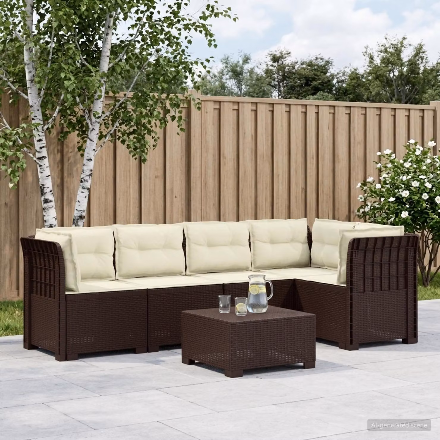 vidaXL Divano da Giardino a L per 5 Persone in Polyrattan Marrone con Cuscini Beige e Coperture Rimovibili