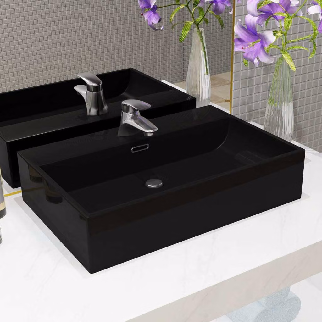 The Living Store Lavabo con foro per rubinetto in Vetroceramica nera 60,5 x 42,5 x 14,5 cm