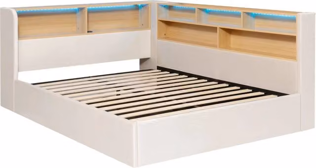 Letto da giorno 140x200 cm con contenitore idraulico, LED, USB e USB-C in velluto beige