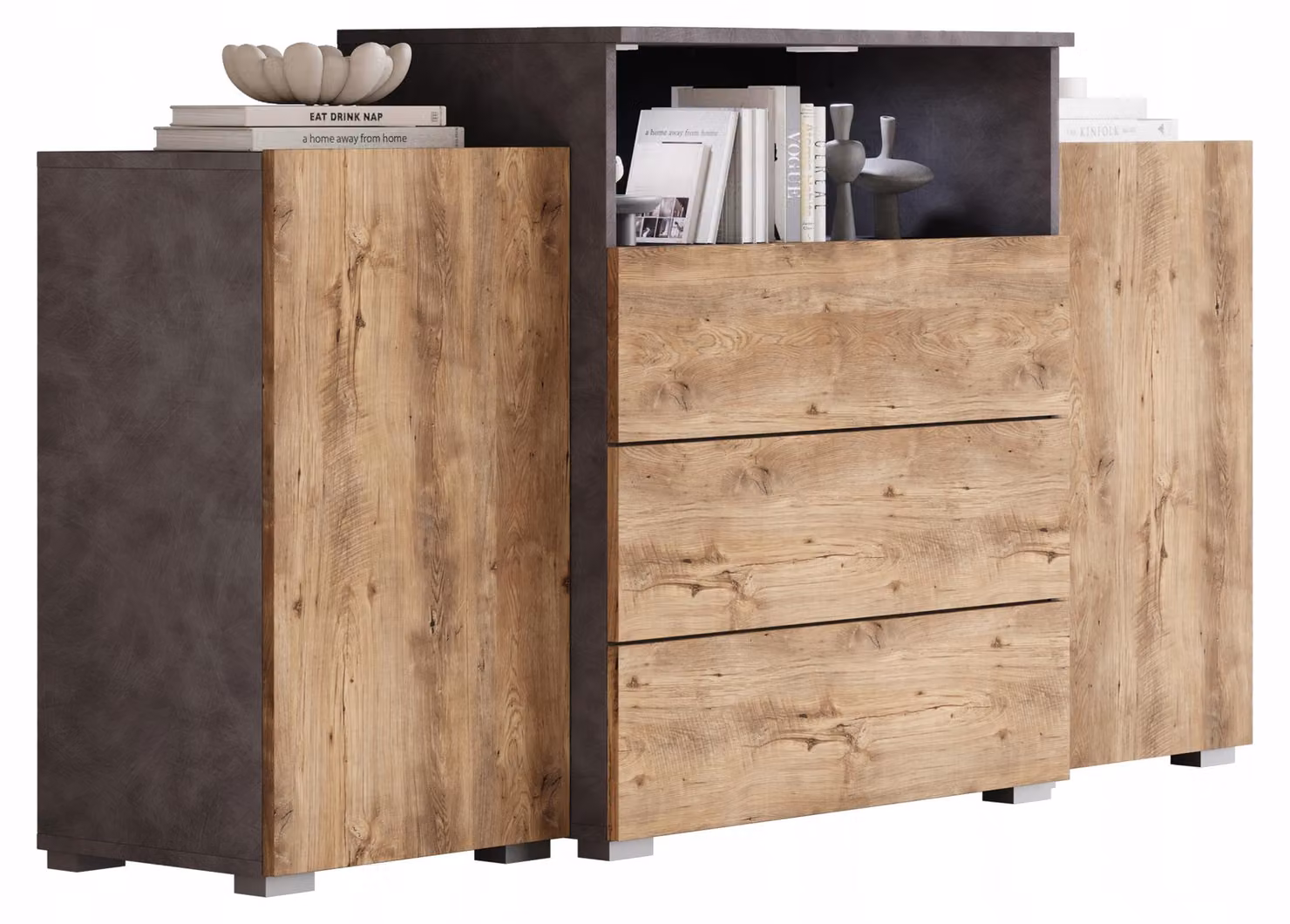Comò da 150 cm per il soggiorno, con cassetti e elementi laterali, finitura "Matera" color noce