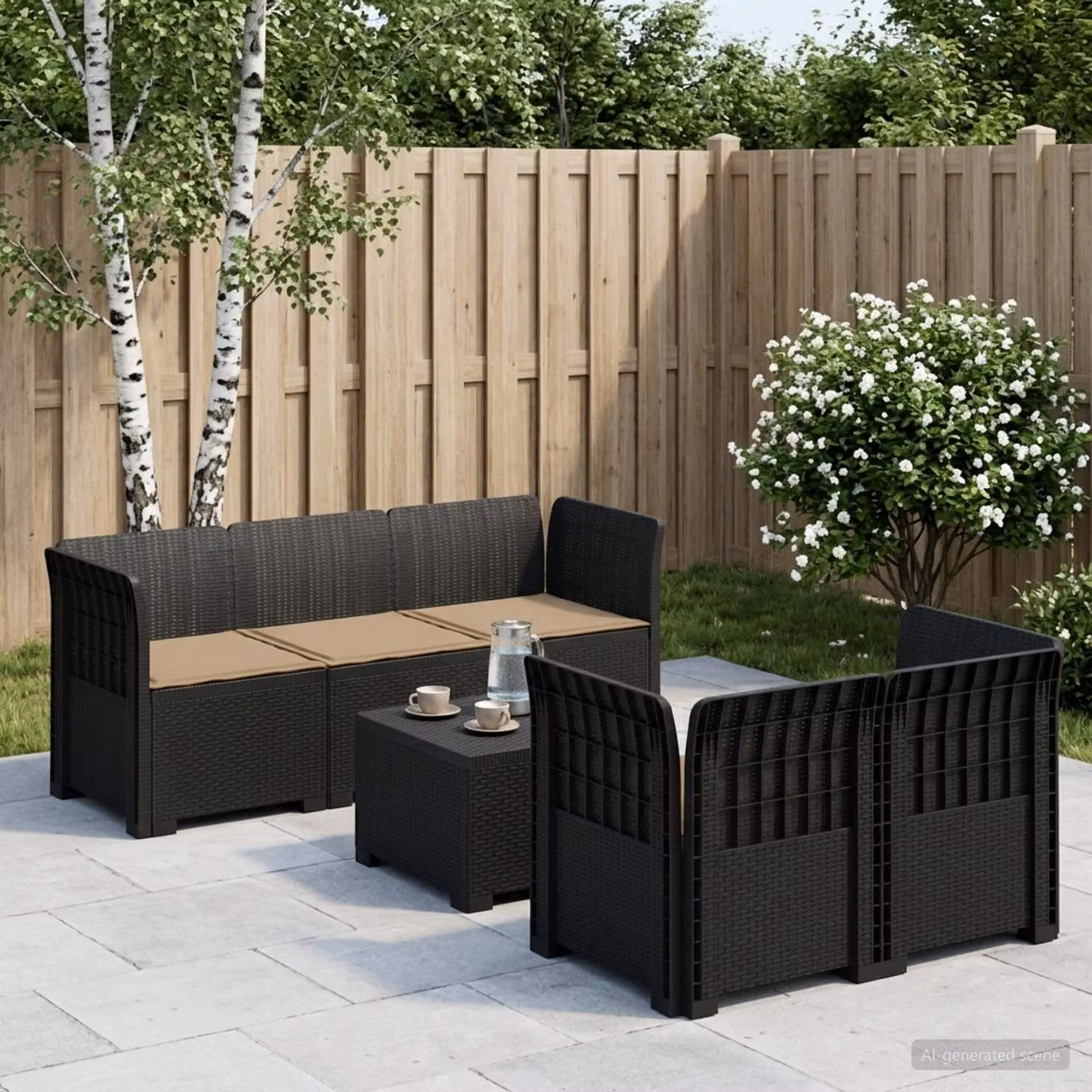Set da giardino vidaXL a forma di L con divano da 5 posti, tavolino e cuscini in stile rattan, colori antracite e beige
