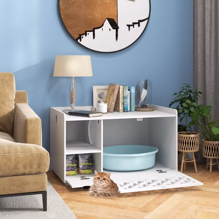 Costway Mobile per lettiera per gatti con cuscino rimovibile e porta anteriore apribile, Bianco