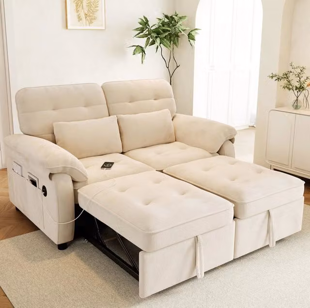 Divano letto 3 in 1 2 posti 142x90x86;5 cm; chenille beige con USB e Type-C