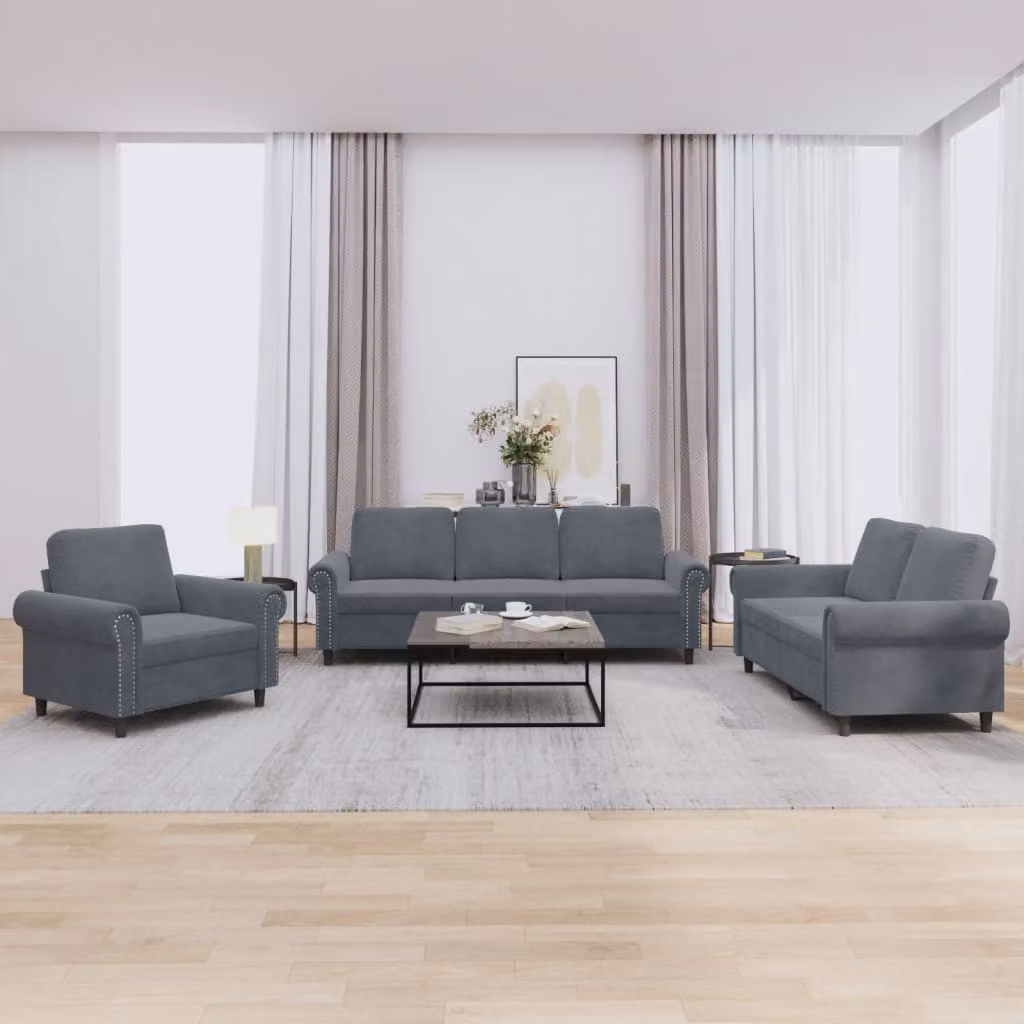 Set di divani 3 pezzi vidaXL in velluto grigio con cuscini e braccioli per soggiorno – 1