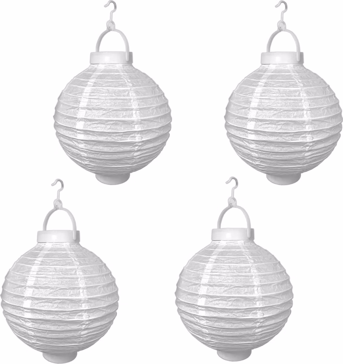 Set di 4 lanterne LED, ideali per feste e giardini, diametro 20 cm, colore bianco. Include paralumi decorativi a forma di sfera
