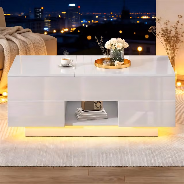 Tavolino da caffè rialzabile con 2 cassetti, LED e vano nascosto per soggiorno, in truciolare bianco, 100 × 45 × 43 cm
