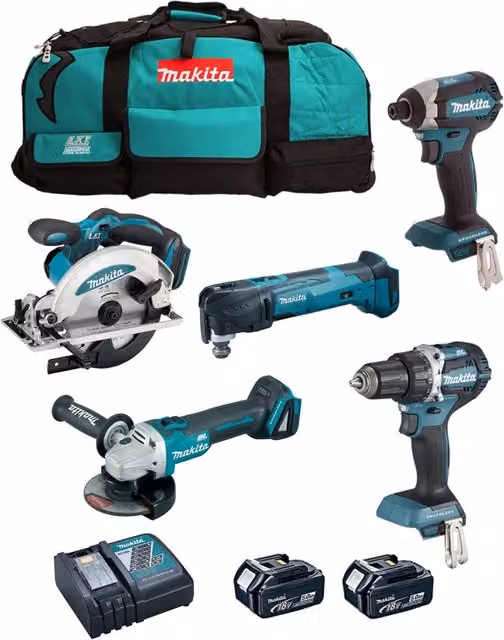 Kit utensili Makita DLX5021TX1 con avvitatore, smerigliatrice, seghetto, avvitatore a impulsi, trapano e 2 batterie da 5,0 Ah