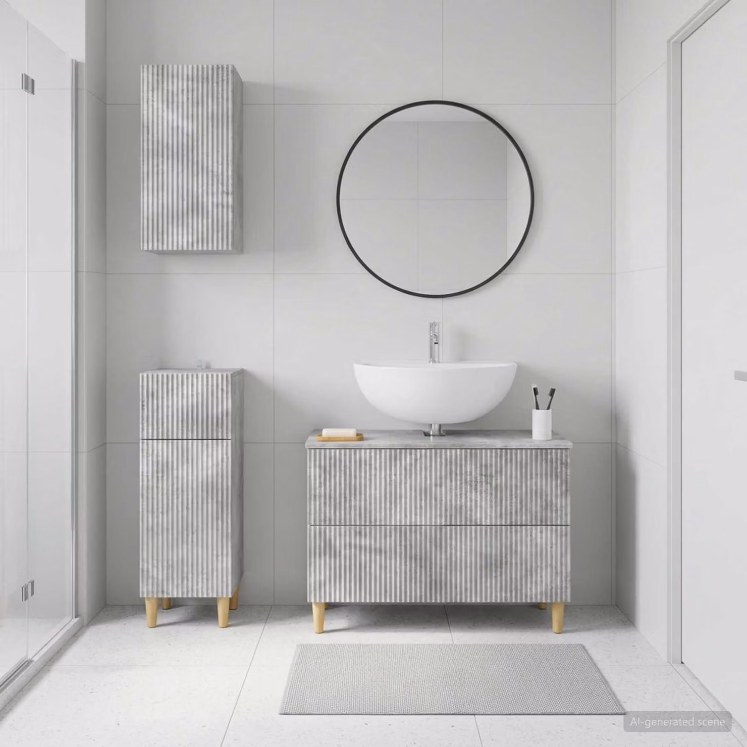 Set di armadietti da bagno vidaXL ARNHEM in 3 pezzi, design minimalista con mobile lavabo e pensili, Grigio Cemento