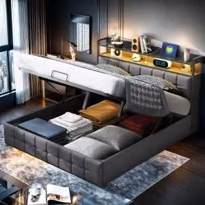 Letto imbottito UnboxG LED 140X200 cm, letto con ampio spazio di archiviazione e rete a doghe, struttura del letto a molle insacchettate in metallo, testata imbottita con ripiano e porta di ricarica USB, grigio