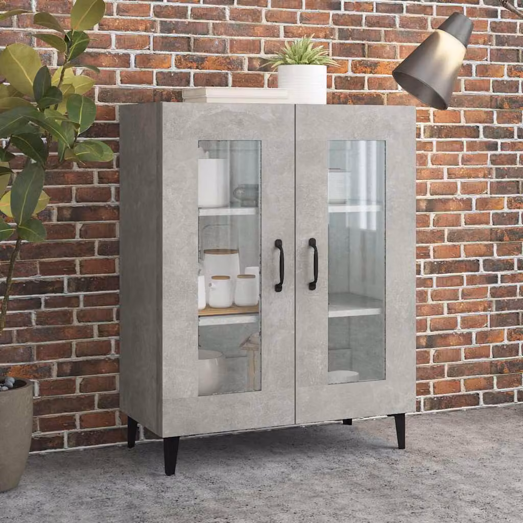 Credenza vidaXL in legno multistrato e vetro, Grigio Cemento, L: 69,5 cm, P: 34 cm, H: 90 cm