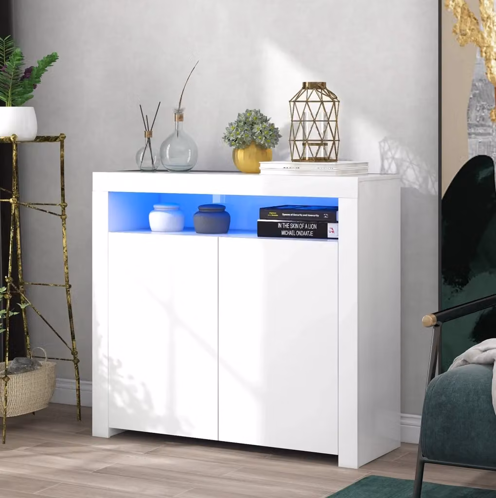 Sideboard moderno MODFU bianco con finitura lucida e illuminazione LED integrata L/P/H: 108 x 40 x 92 cm – 2