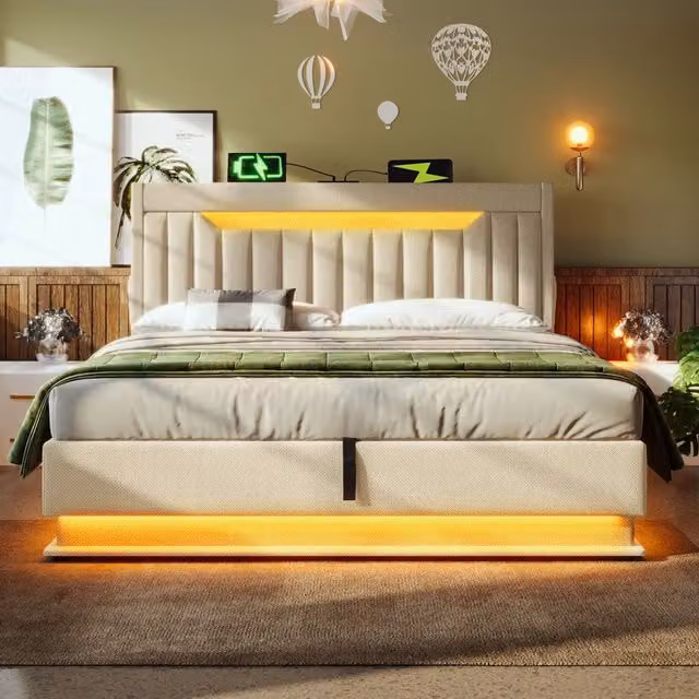 Letto matrimoniale 160x200 contenitore con apertura idraulica; testiera LED; USB e Type-C; imbottito beige in lino