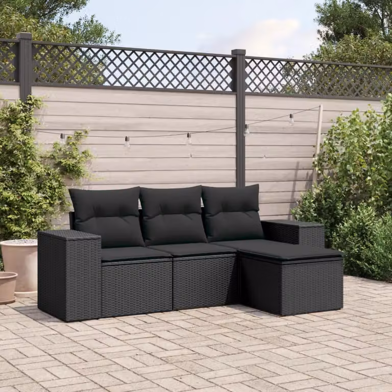 Set di divani da giardino vidaXL a forma di L in polyrattan nero con cuscini e pouf per esterni