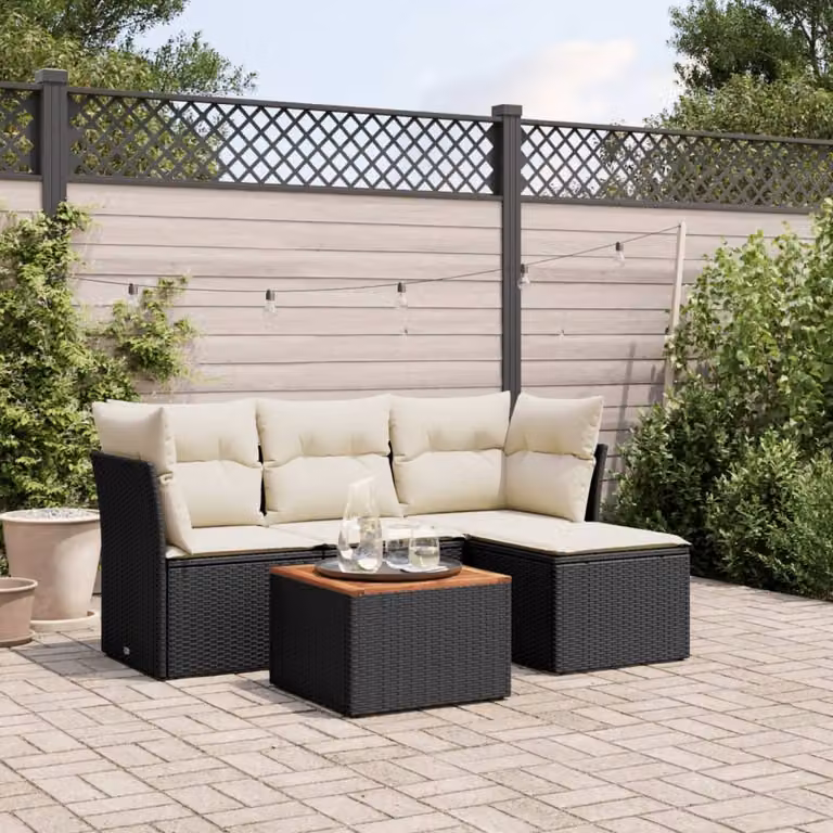 Set di Divani da Giardino vidaXL 5 Pezzi in Polyrattan con Cuscini e Tavolino da Esterno L-Shape Nero