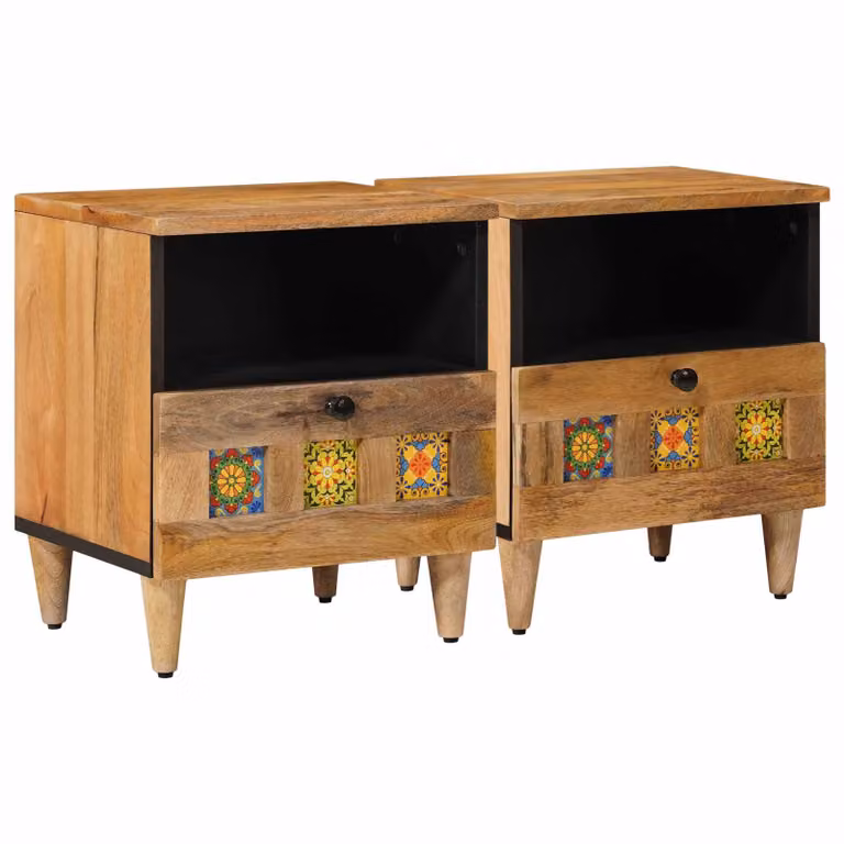 Set di 2 Armadi da Notte vidaXL in Legno di Mango Marrone Naturale L 40 cm x P 33 cm x H 46 cm