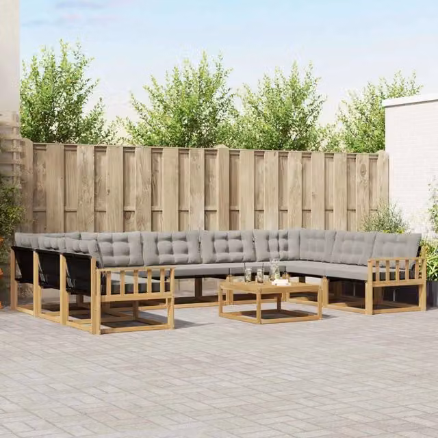 Set di divani da esterno a forma di U vidaXL in legno di acacia con tavolino e cuscini, Bianco e Grigio – 1