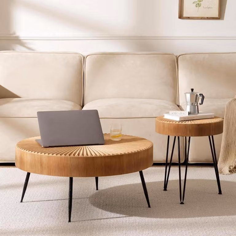 Set di tavolini da soggiorno, forma rotonda, 2 pezzi, legno, colore nero, dimensioni Ø77x36 cm / 40x47 cm
