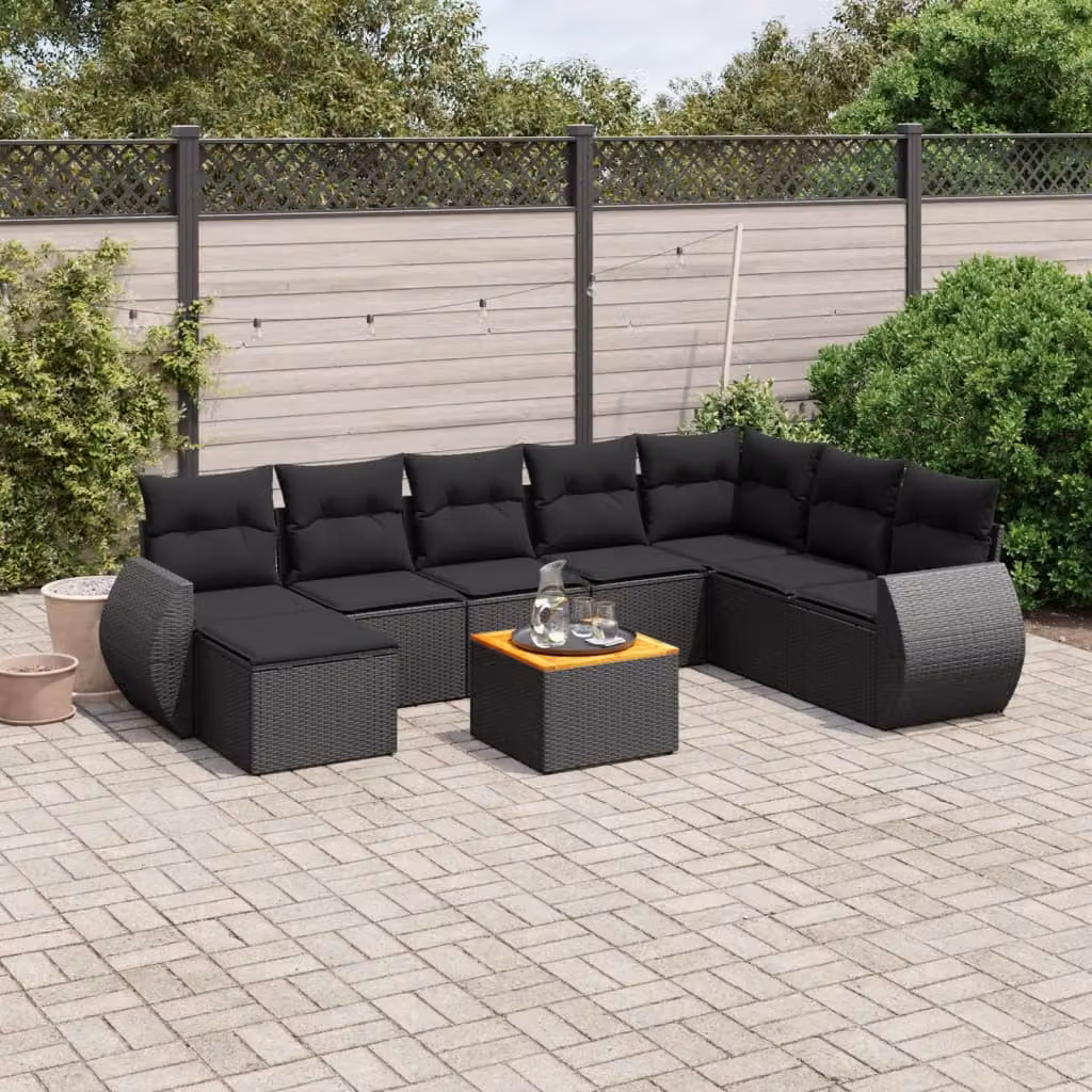 Set Divani da Giardino vidaXL 9 pz in Polyrattan Nero con Cuscini e Tavolino da Esterno – 1
