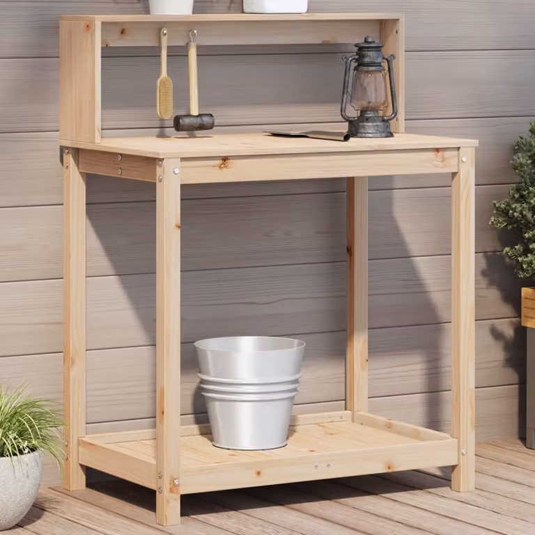vidaXL Tavolo da giardino in legno massello di pino con ripiani, stile rustico, marrone/beige, L 82,5 cm x P 50 cm x H 109,5 cm