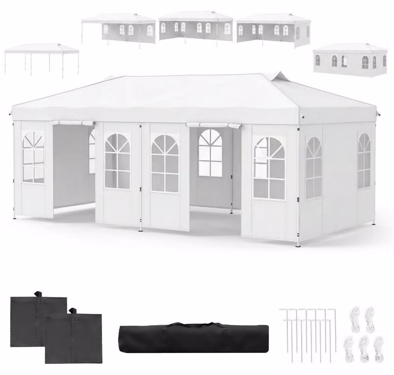 KOMFOTTEU, Padiglione pop-up, 3 x 6 metri, tenda da festa pieghevole con altezza regolabile, padiglione pieghevole con 6 pareti laterali e finestre, tenda da giardino con protezione solare, padiglione pieghevole con borsa per il trasporto e strisce riflet