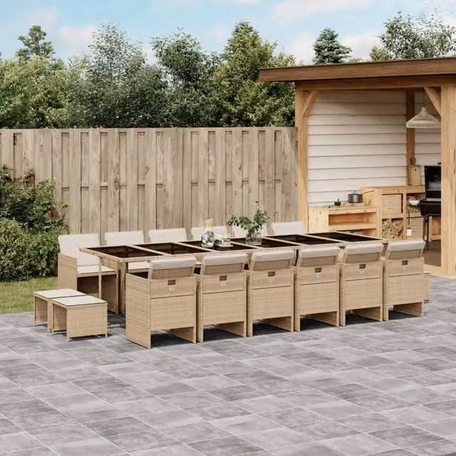 Set da pranzo da giardino vidaXL in polyrattan con cuscini beige e piano in vetro, 17 pezzi