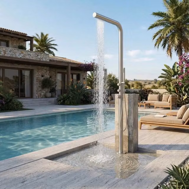 Doccia da piscina MPC in acciaio inox 316L con soffione superiore, doccetta manuale e miscelatore acqua calda-fredda, modello MX1016-INOX silver – 1