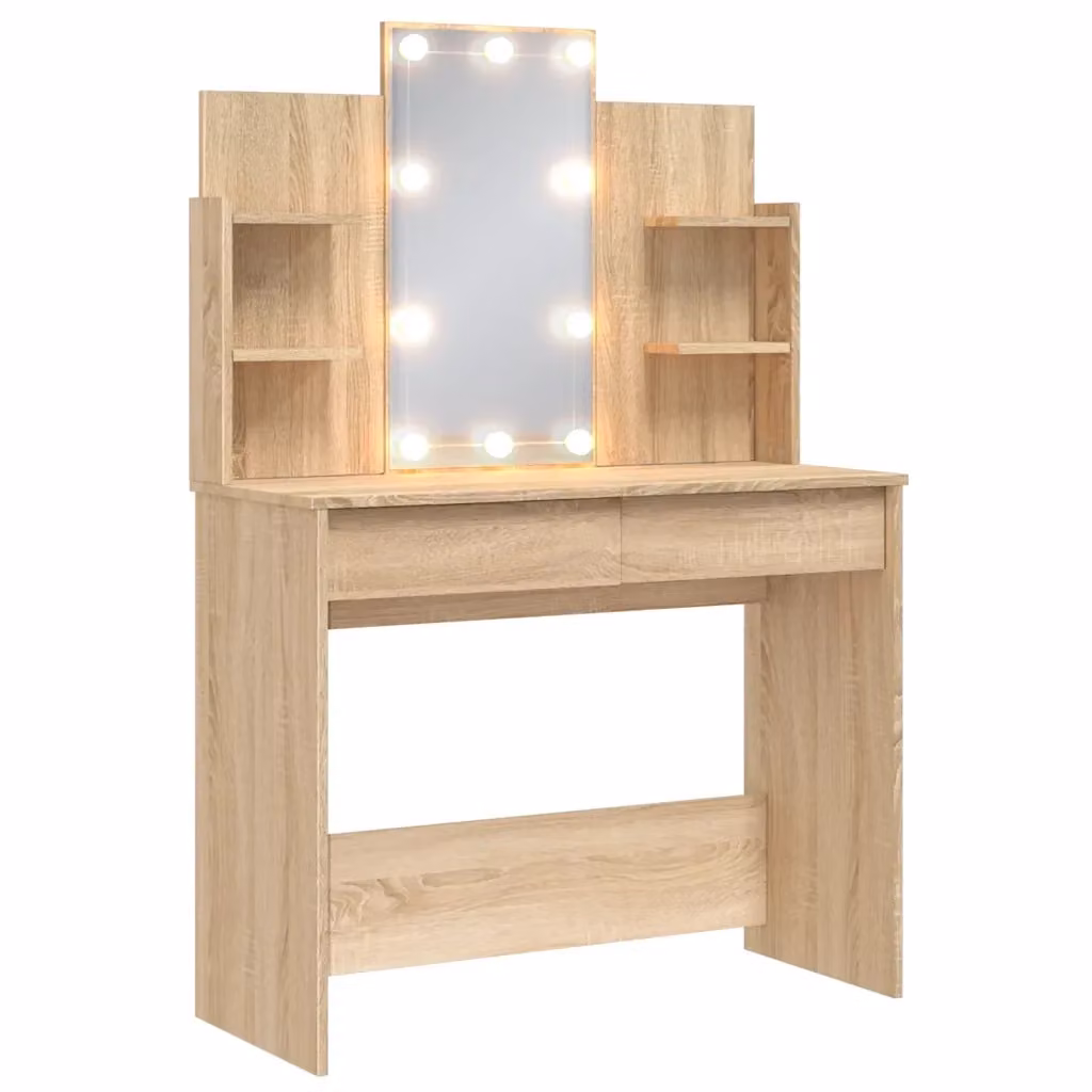 Toeletta con Luci LED vidaXL in Rovere e Beige, L: 96 cm, P: 40 cm, H: 142 cm