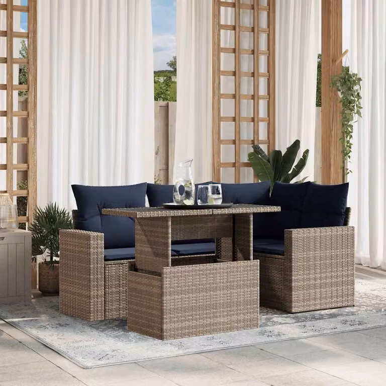Set da giardino vidaXL in polyrattan grigio composto da 5 pezzi con cuscini imbottiti e tavolino