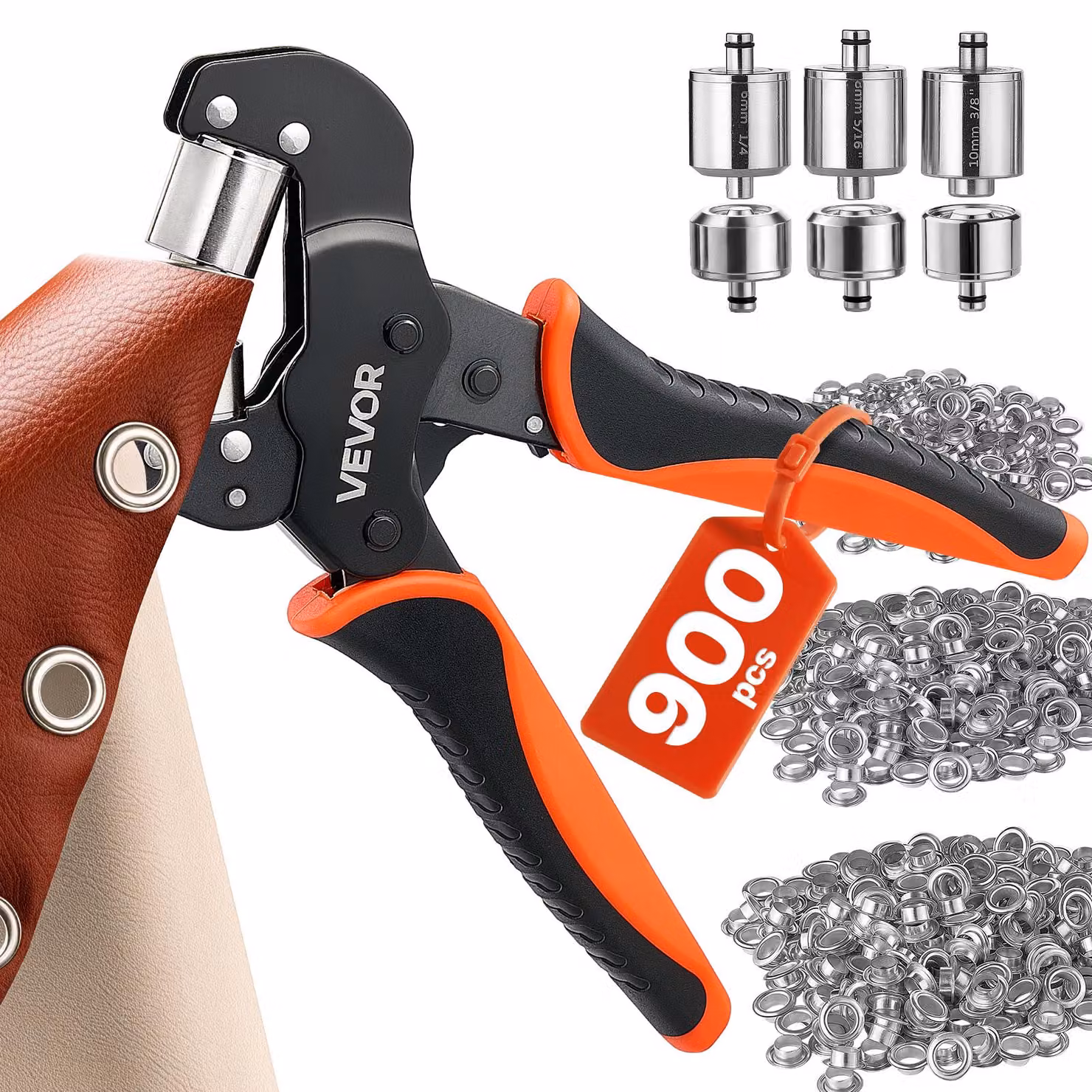 VEVOR Kit di Attrezzi per Occhielli da 6/8/10 mm 900 Pezzi con Rondelle, Pinza Occhiellatrice Manuale, Strumento per Forare Blocchi per Pelle Cuoio Teloni Scarpe Artigianato Tessuto Lavori Fai Da Te