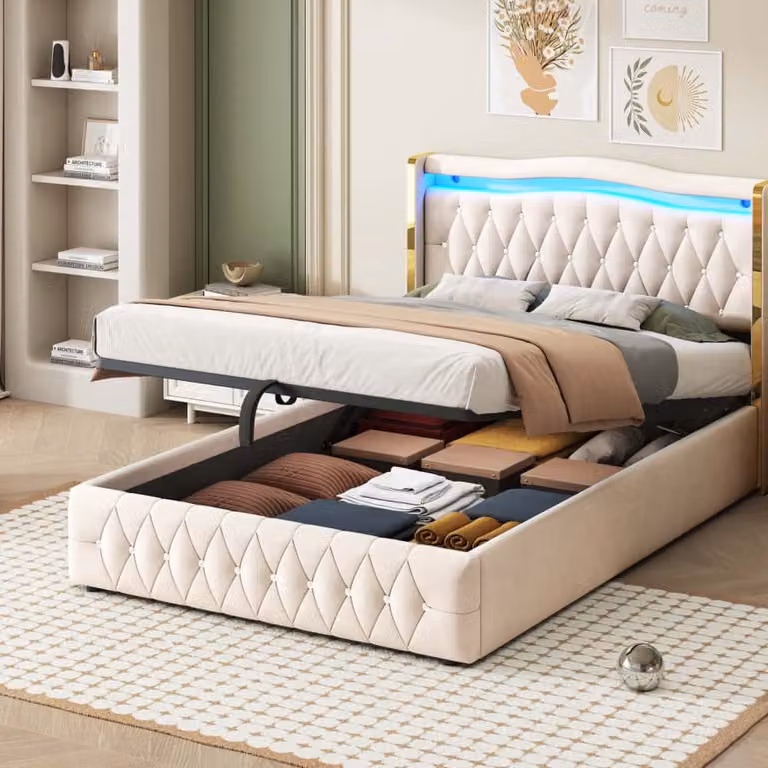 Letto imbottito AIORBER, 140x200 cm, rete a doghe, con illuminazione LED cambia colore, contenitore idraulico, rivestimento con diamanti lucidi, velluto, beige