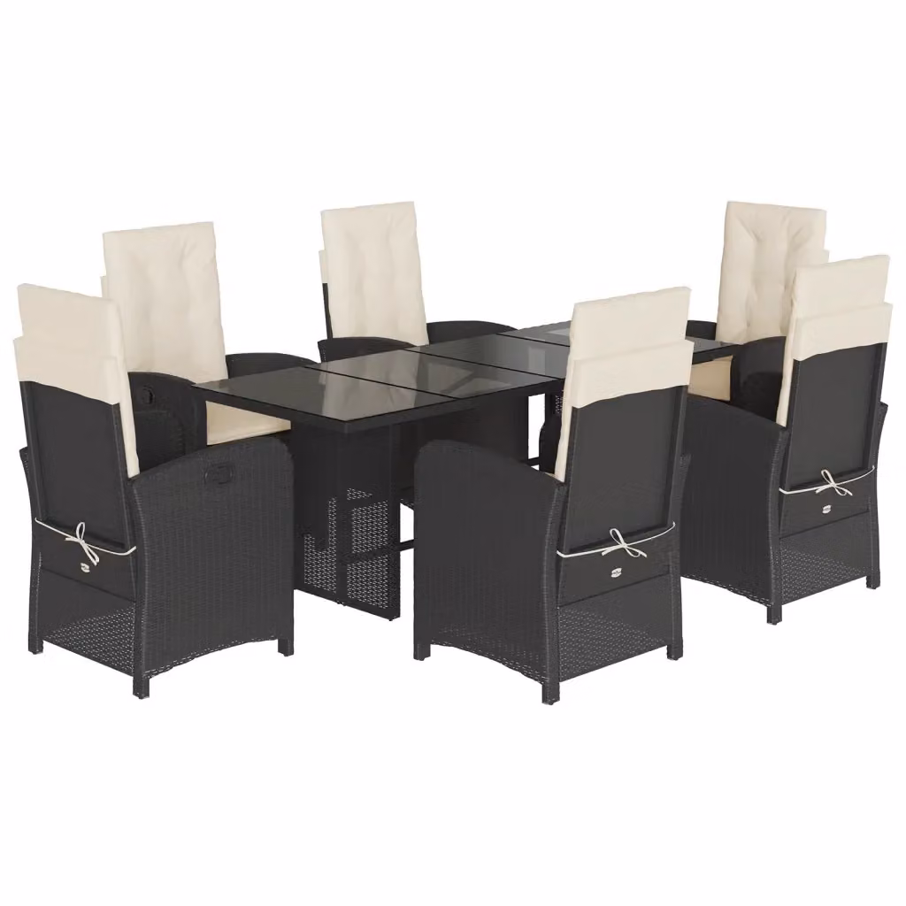 vidaXL Set da Pranzo da Giardino 7 pz in Polyrattan Nero con Cuscini e Tavolo in Vetro – 2