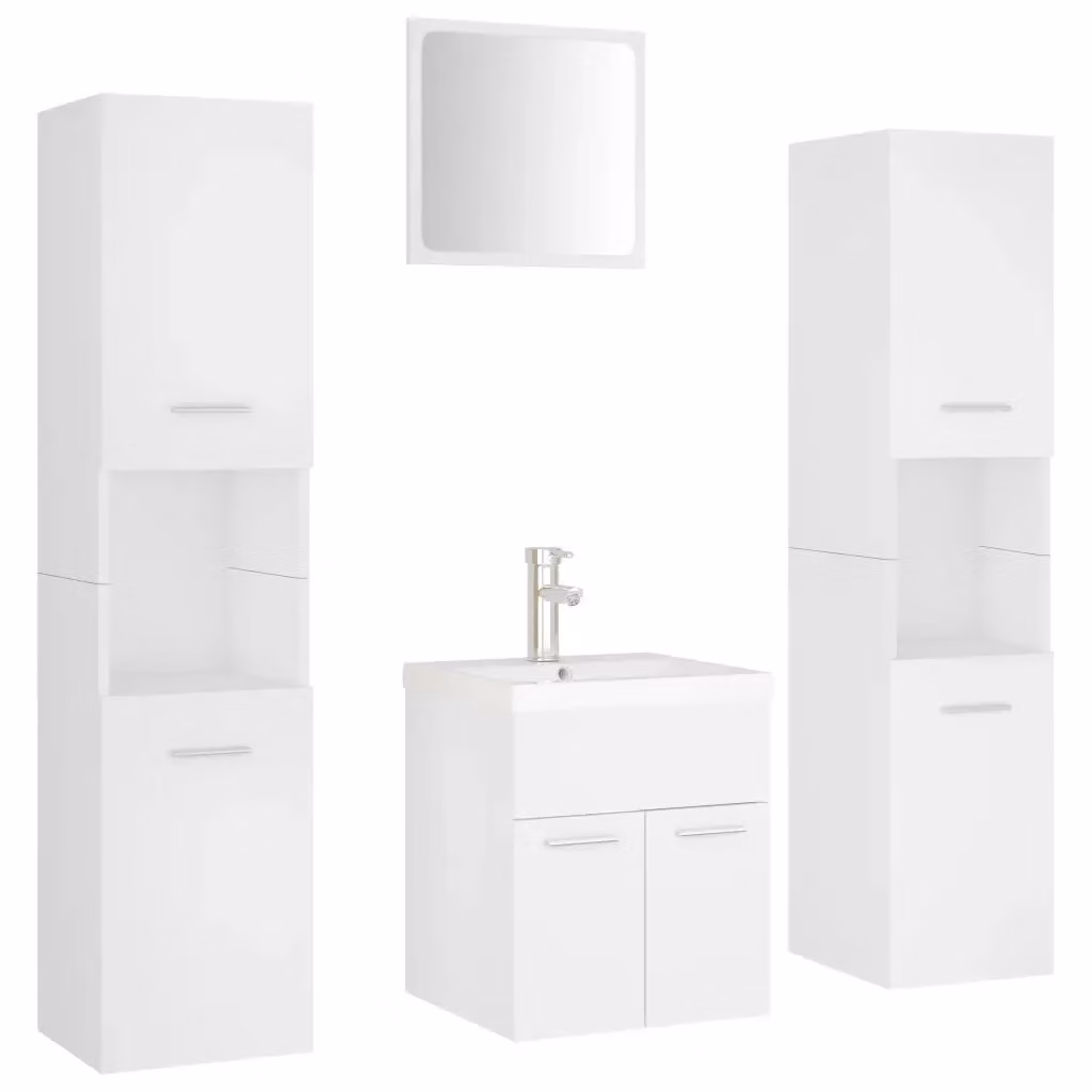 Set Mobili da Bagno Moderno vidaXL Bianco con Mobile Lavabo, Armadietto Alto e Armadietto con Specchio in Legno e Plastica – 2