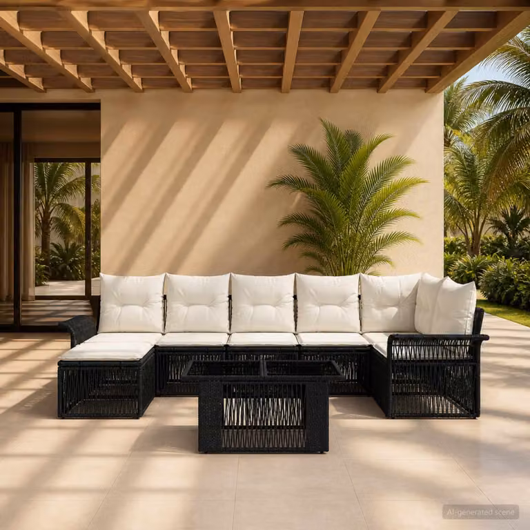 Set Divano da Giardino 8 Pezzi vidaXL Moderno a Forma di L in Polyrattan con Cuscini Nero e Bianco Crema