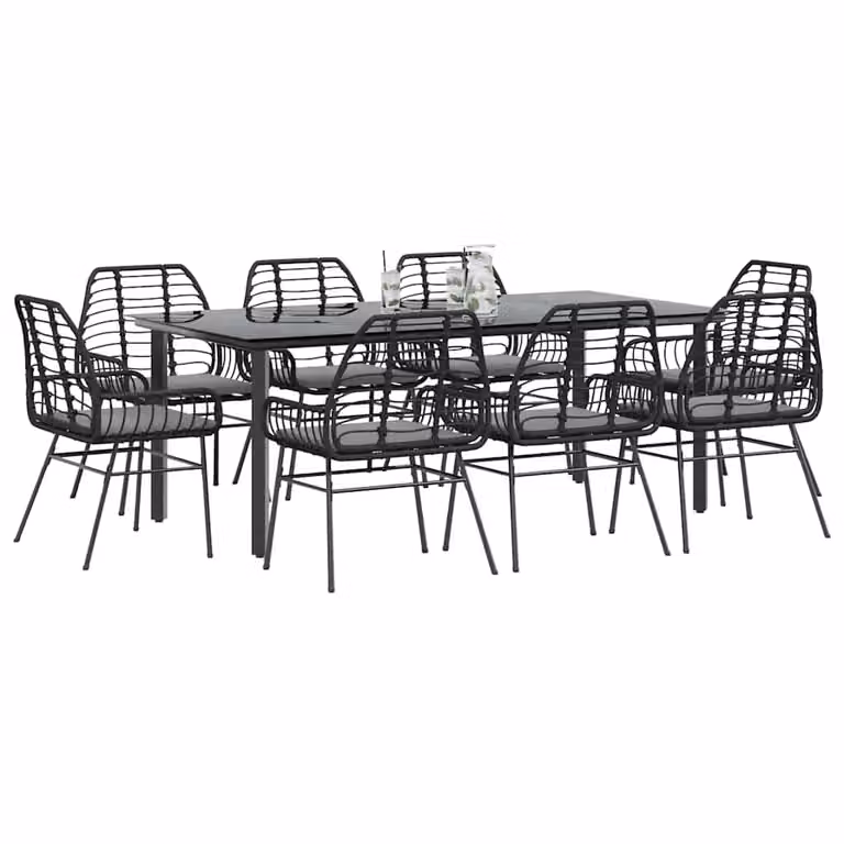 Set da pranzo da giardino vidaXL in polyrattan con tavolo in vetro e 9 pezzi, nero e grigio