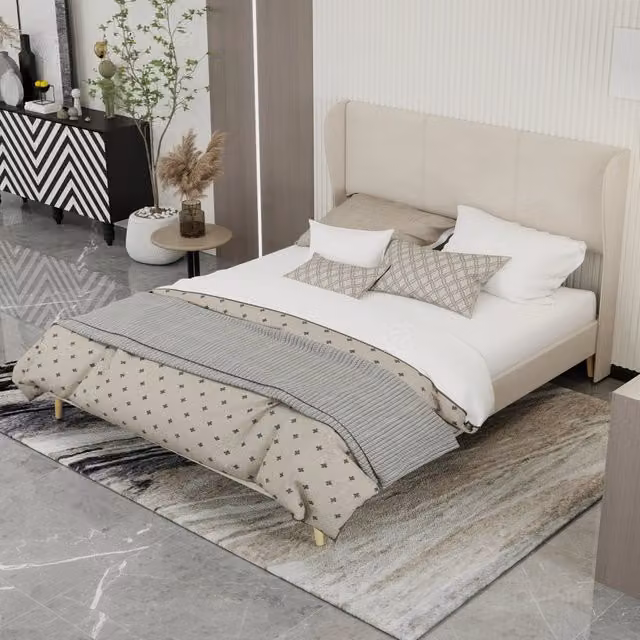 Letto matrimoniale 160 × 200 cm con testiera e schienale imbottiti, senza materasso, in tessuto beige