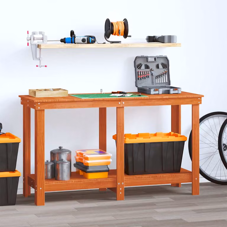 vidaXL Banco da lavoro con scaffale in legno Marrone Cera L 140 x P 50 x H 80 cm